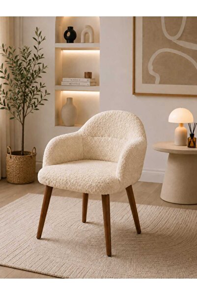 Yuems home Teddy Kumaş Makyaj Sandalyesi Gürgen Ahşap Ayaklı Modern Berjer (K...