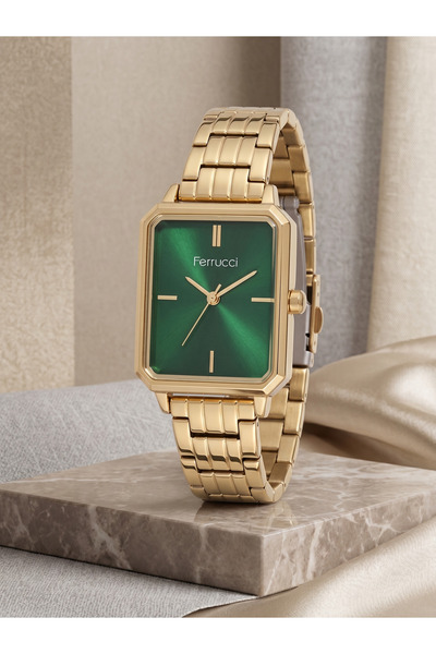 Ferrucci 26x34 mm Dikdörtgen Kadın Kol Saati Yeşil Kadran Gold Renk Küçük Kasa