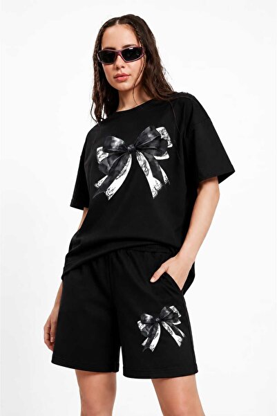 ZAVIXO Women's Bow Printed Shorts Set with Oversized Short Sleeve T-Shirt and...