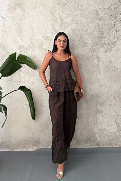 Elbee Fashion Woman طقم بنطلون بلوزة هالتر باللون البني