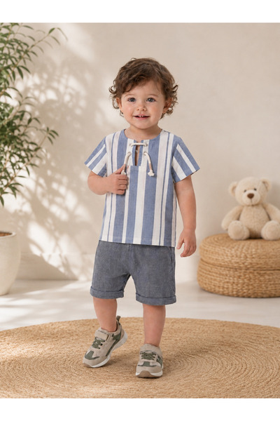 WE&ME Baby Boy Striped Linen Look Shorts Set with Lace-Up Detail for Summer