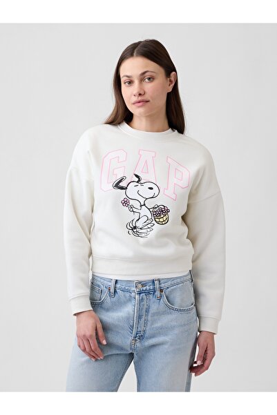 GAP Kadın Kırık Beyaz Peanuts Oversized Wedge Bisiklet Yaka Sweatshirt