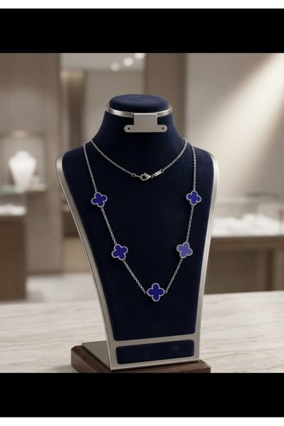 Hiis Store Lacivert Renk Yonca Model Çelik Şans Kolyesi