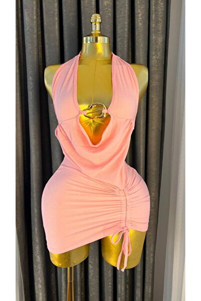 Store Kadın - Pudra Pembe Mini Elbise – Büzgü Detaylı Sırt Dekolteli Askılı
