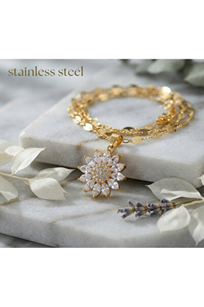 stainless steell gold rnek titanyum altın kaplama ayçiçeği model kolye