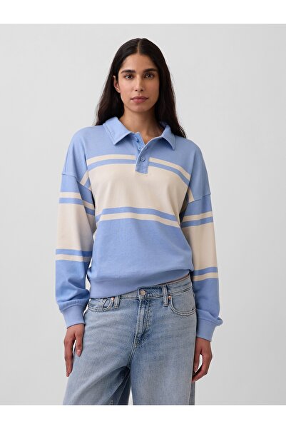 GAP Kadın Açık Mavi Fransız Havlu Kumaş Oversized Polo Sweatshirt