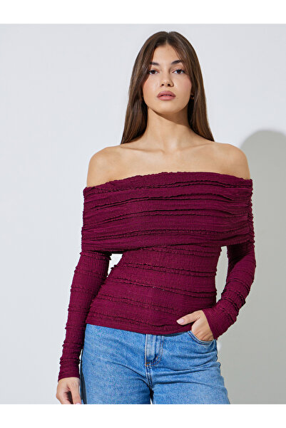 Styli Burgundy Textured Long Sleeve Off-Shoulder Knit Top