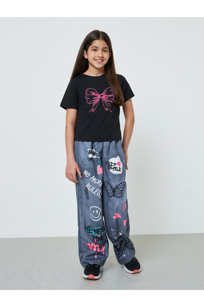 Styli Teen Girls Bow Print T-Shirt And Graffiti Jeans Set