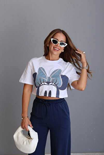 Purple by Banu Beyaz Mickey Nakış Detay Crop Tshirt