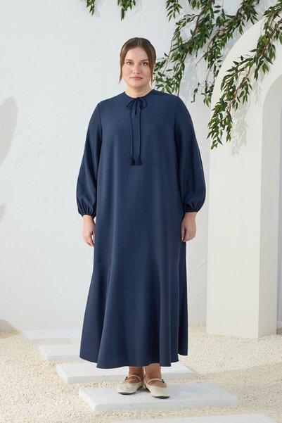 Aker Dark Blue Collarless Dress with Tie Detail