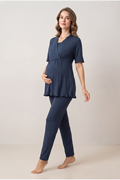 LOHOUSE Women's Navy Blue Double-Breasted Collar Maternity Pajama Set with Br...