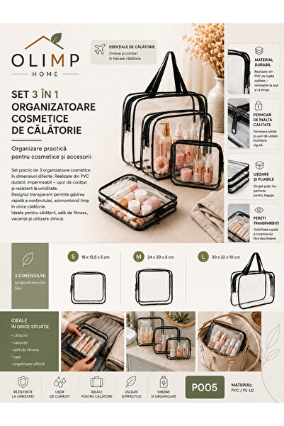 ECARLA Set 3 Organizatoare Cosmetice de Călătorie Transparente pentru Bagaj d...