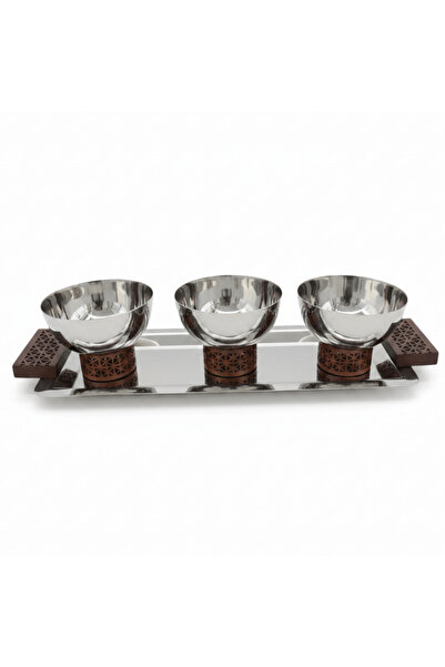 AKDC Luhpar Silver Rectangle Stainless Steel Serving Tray with 3 Wooden Foote...