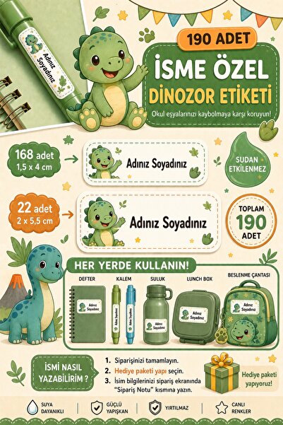 WALLHUMAN 190 Adet İsme Özel Dinozor Okul Etiketi Seti – Suya Dayanıklı İsim ...
