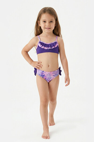 caddekids Kız Çocuk Bikini Takımı Mor Desenli Fırfırlı Ayarlanabilir Askılı P...
