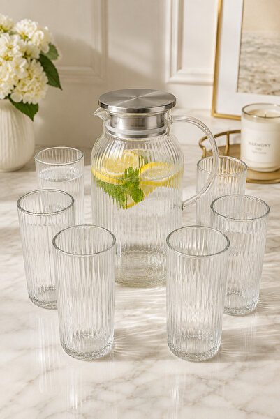 RASHA COLLECTION 7 Parça Çizgili Cam Sürahi ve 6’lı Su Bardağı Seti 1 Litre Ç...