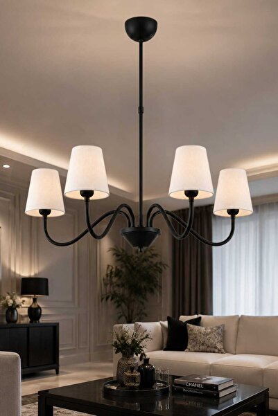 BSA LIGHTING MİRA 4'LÜ SİYAH MODERN AVİZE (KREM KONİK ABAJURLU) E27 DUYLU KLASİK ŞIK AVİZE