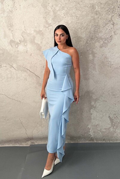 Elbee Fashion Woman فستان أزرق مزين بقطع فولان
