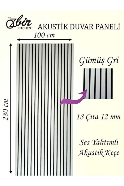 Akustik Duvar Paneli Gümüş Gri 100x280