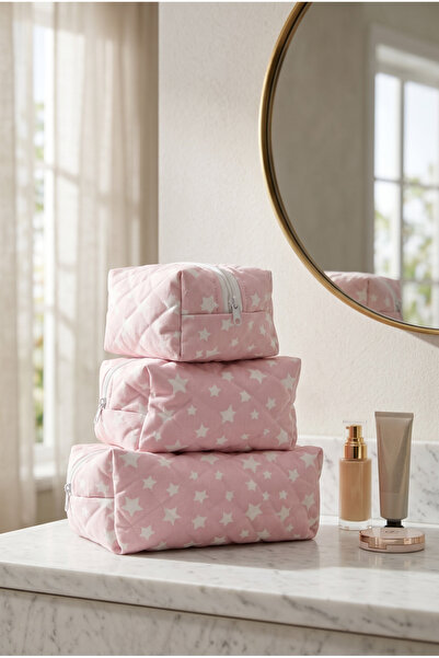 İLMEK&YSR Pink Star Patterned Quilted Makeup Bag Set of 3 – Travel and Cosmet...