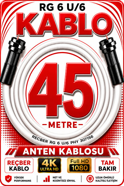 Reçber Anten Kablosu RG 6 U/6 307156 Tam Bakır Beyaz 45 METRE