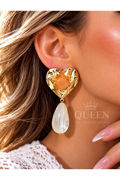 QUEEN AKSESUAR Elegant Gold Gold Heart Peach Agate White Marble Appearance Bo...