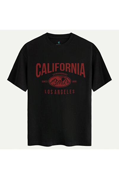 Oversize %100 Pamuk Unisex California Baskılı Tişört - Siyah