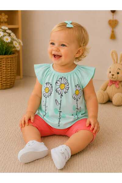 krm kerem bebe 100% Cotton Linen Fabric Daisy Patterned Baby Girl Tunic & Hal...