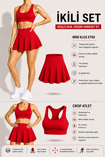 CARABO MODA Women's High Waist Flared Skirt-Crop Athlete 2-Piece Set