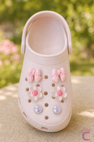 Cinderella 6'lı Soft Pembe Fiyonklu Şeffaf Çiçekli İnci Taşlı Terlik Süsü Set...