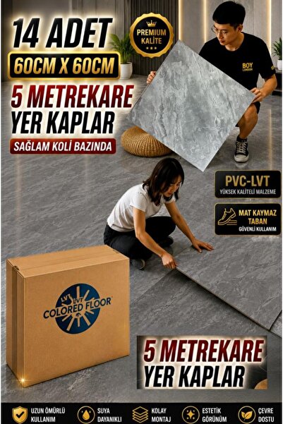 Renkli Duvarlar 14 Adet 60X60cm Gri Mermer Desenli Floor Pvc-Lvt Yapışkanlı Y...