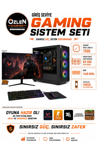 ÖZLEN X25 İ5 7500 RX 580 8GB 16GB RAM 500GB M.2 SSD 24'' Full HD 100Hz Oyuncu...
