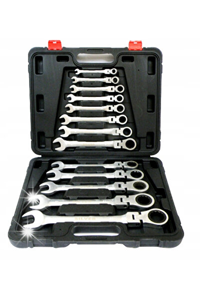 SilverTools Set de chei fixe cu clichet, cu mâner curbat, 8-32mm, 13 bucăți