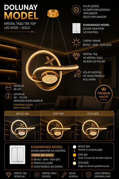 mubeda aydınlatma Dolunay Model Kristal Taşlı Tek Toplu Gold LED Avize - 3 Re...