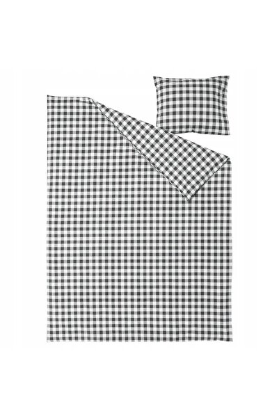 NO BRAND Set lenjerie de pat 150X200/50X60 Alb Gri Antracit Grilă Bumbac Ikea
