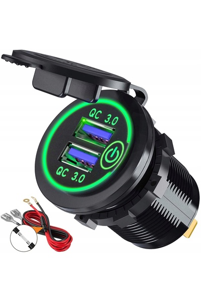 NO BRAND Încărcător auto priză brichetă impermeabil 2x USB QC 3.0 Verde
