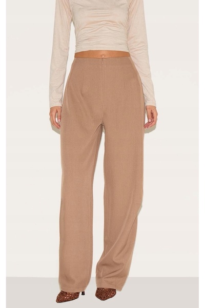 NO BRAND Pantaloni clasici bej, largi, cu talie înaltă, cu fermoar, Prettylit...
