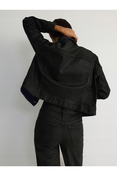 NO BRAND Jachetă scurtă din denim grafit, mâneci lungi, guler, nasturi, mărim...