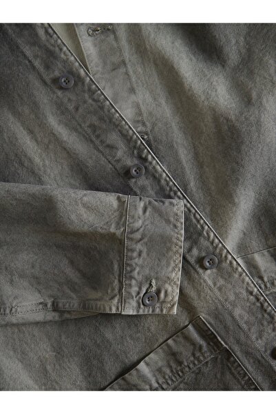 NO BRAND Cămașă din denim de bumbac gri, cu efect de călcat, cu mânecă lungă,...