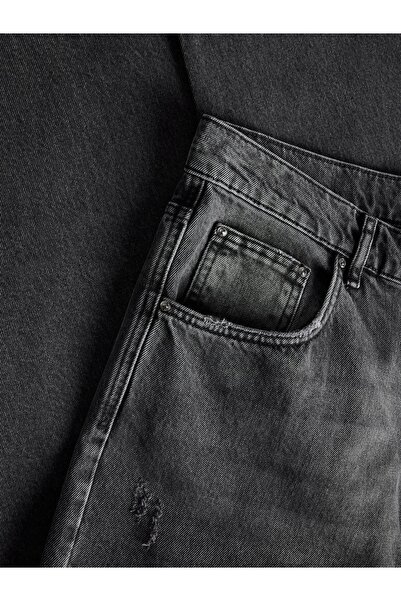NO BRAND Pantaloni din denim gri, din bumbac, cu croială lejeră și rupturi, R...
