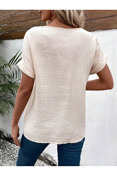 NO BRAND Tricou lejer din bumbac bej, cu mâneci scurte, decolteu în V, textur...