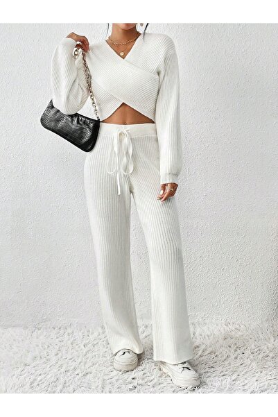 NO BRAND Set complet Pulover alb cu dungi Rochie scurtă petrecută Pantaloni l...