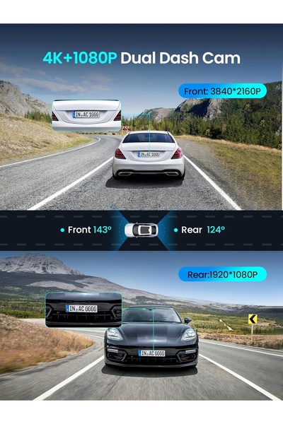 NO BRAND Cameră auto 4K+1080P față și spate Wifi6 GPS+card de 128GB