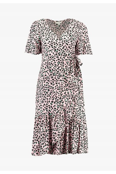 NO BRAND Rochie midi roz cu imprimeu cu stropi, decolteu în V, mâneci scurte,...