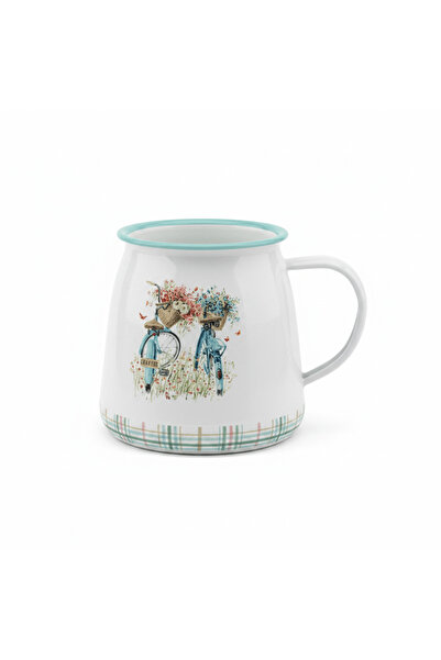AKDC White Enamel Mug with Bicycle Print - 12×9 cm
