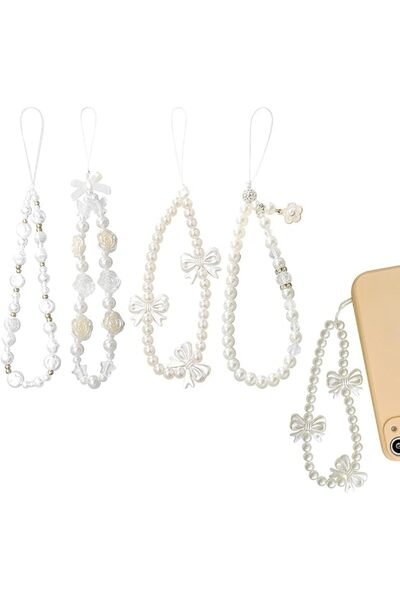 Generic 4Pcs Beaded Phone Charms for Girls, Pearl Bow Floral Wrist Straps wit...