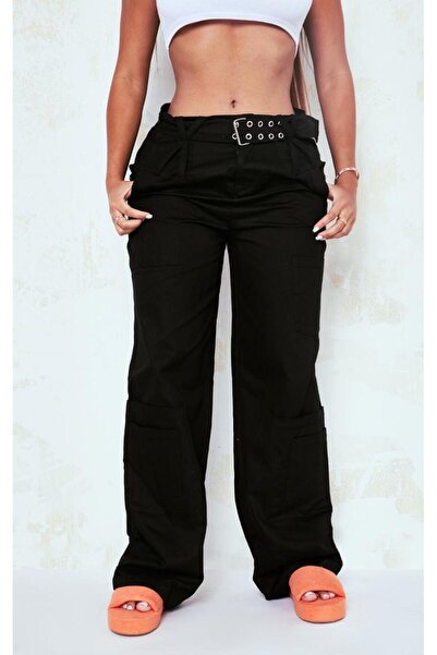 NO BRAND Pantaloni lungi negri, tip cargo, netezi, Prettylittlething 36