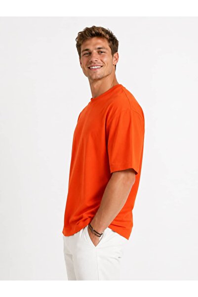 Vasto Moda Erkek Oversize Kalın Dokulu %100 Organik Pamuk Bisiklet Ribana Yakalı Turuncu T-Shirt