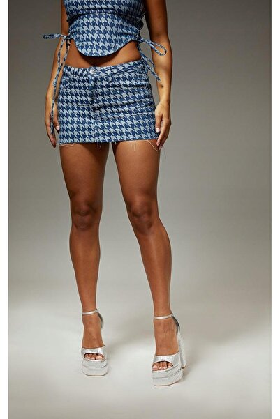 NO BRAND Fustă mini albastră din denim de bumbac în carouri Prettylittlething 34