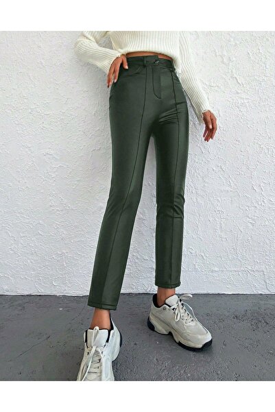 NO BRAND Pantaloni kaki 7/8, cu aspect de piele, clasici, croială dreaptă, ta...